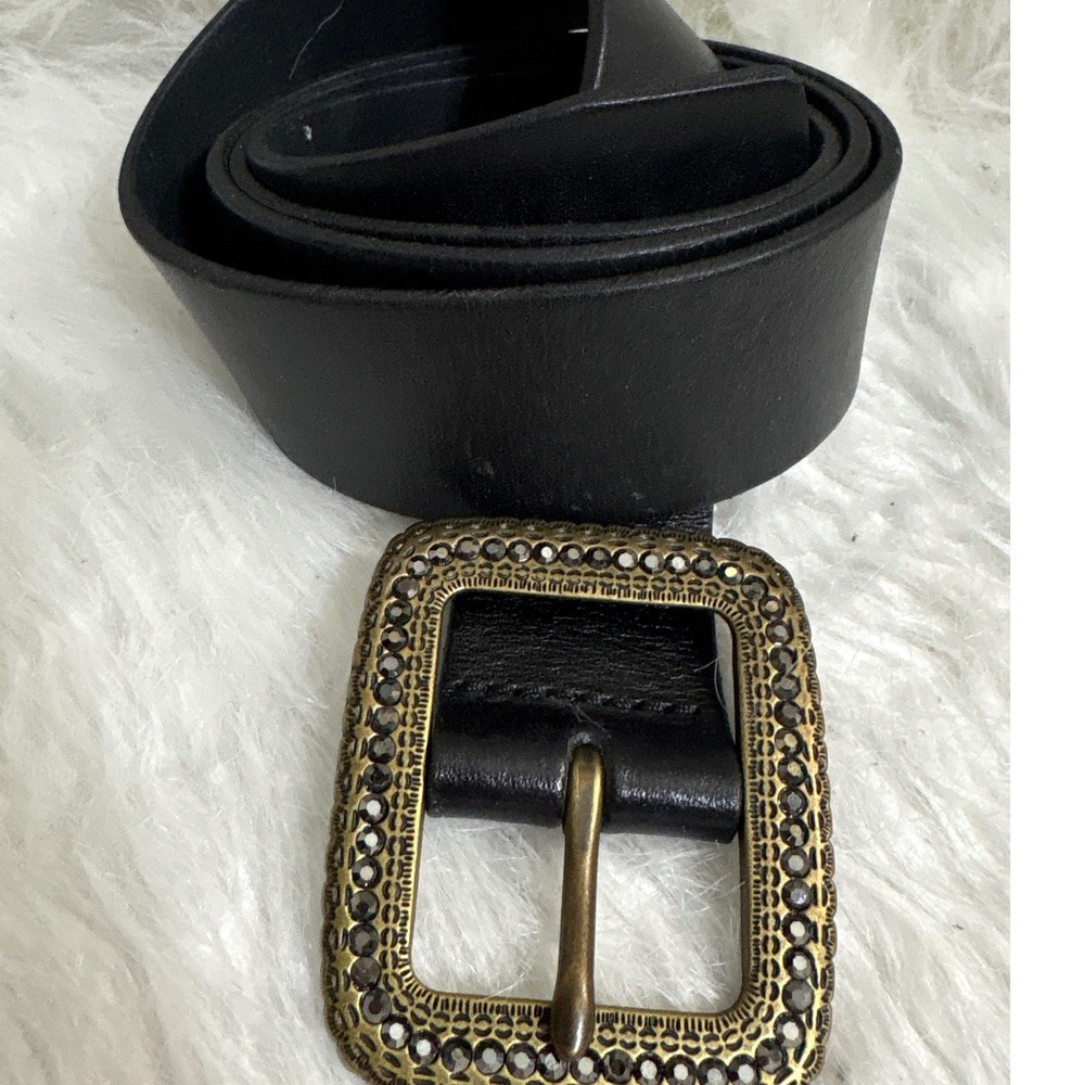 Fossil Womens Black Leather Belt Large Rhinestone Beaded Brass Buckle Boho Wide